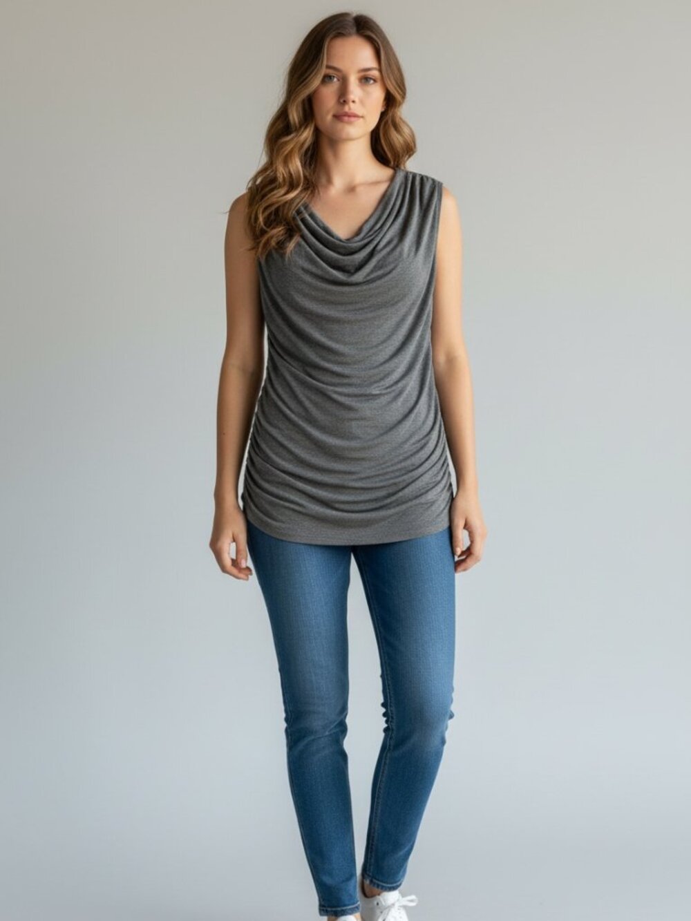 NWT Maurices Grey Cowl Neck Ruched Top - Belly Hiding Slimming Tank Size L